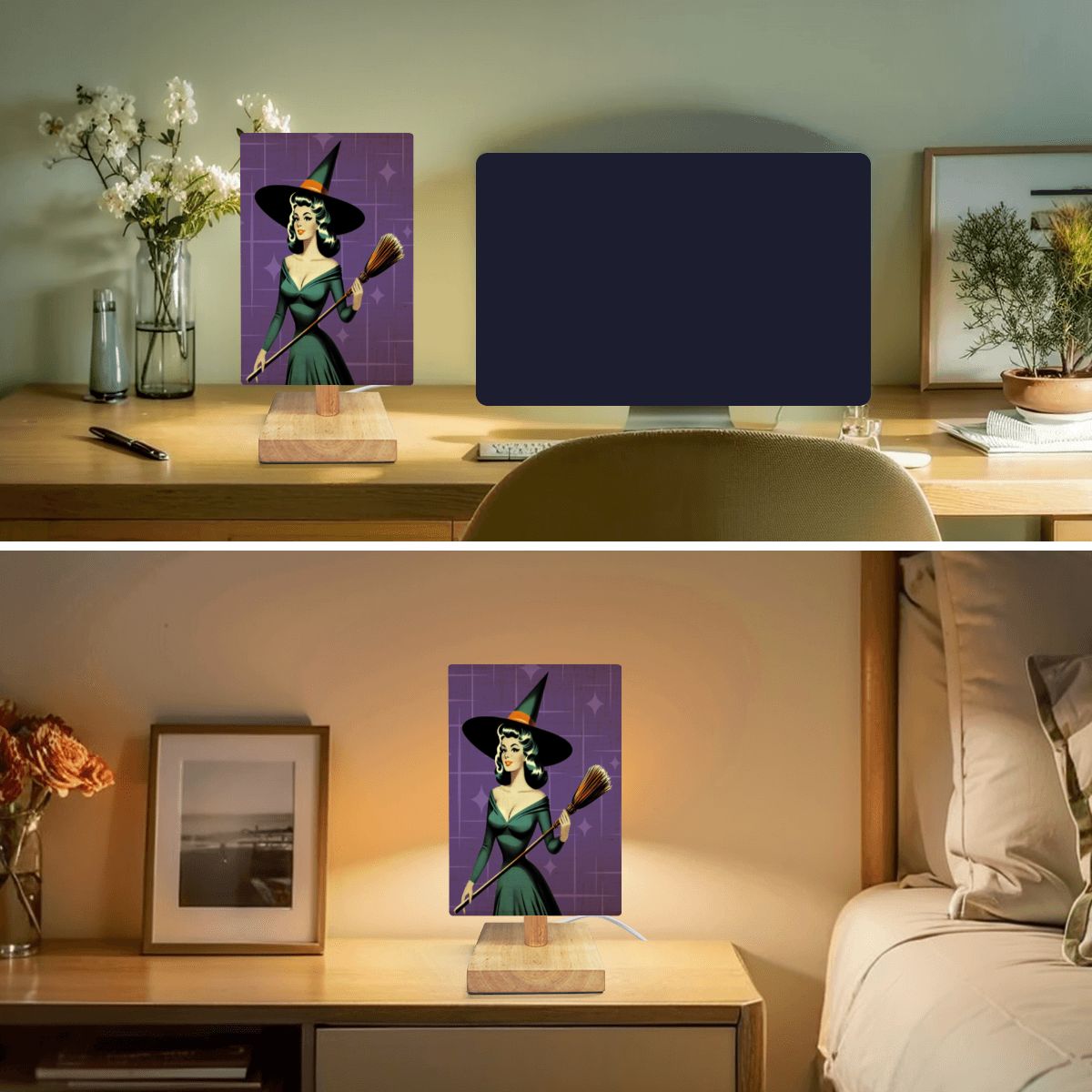 Mid Century Modern Vintage Pin Up Witch Purple Teal Halloween Square Table Lamp - Mid Century Modern Gal