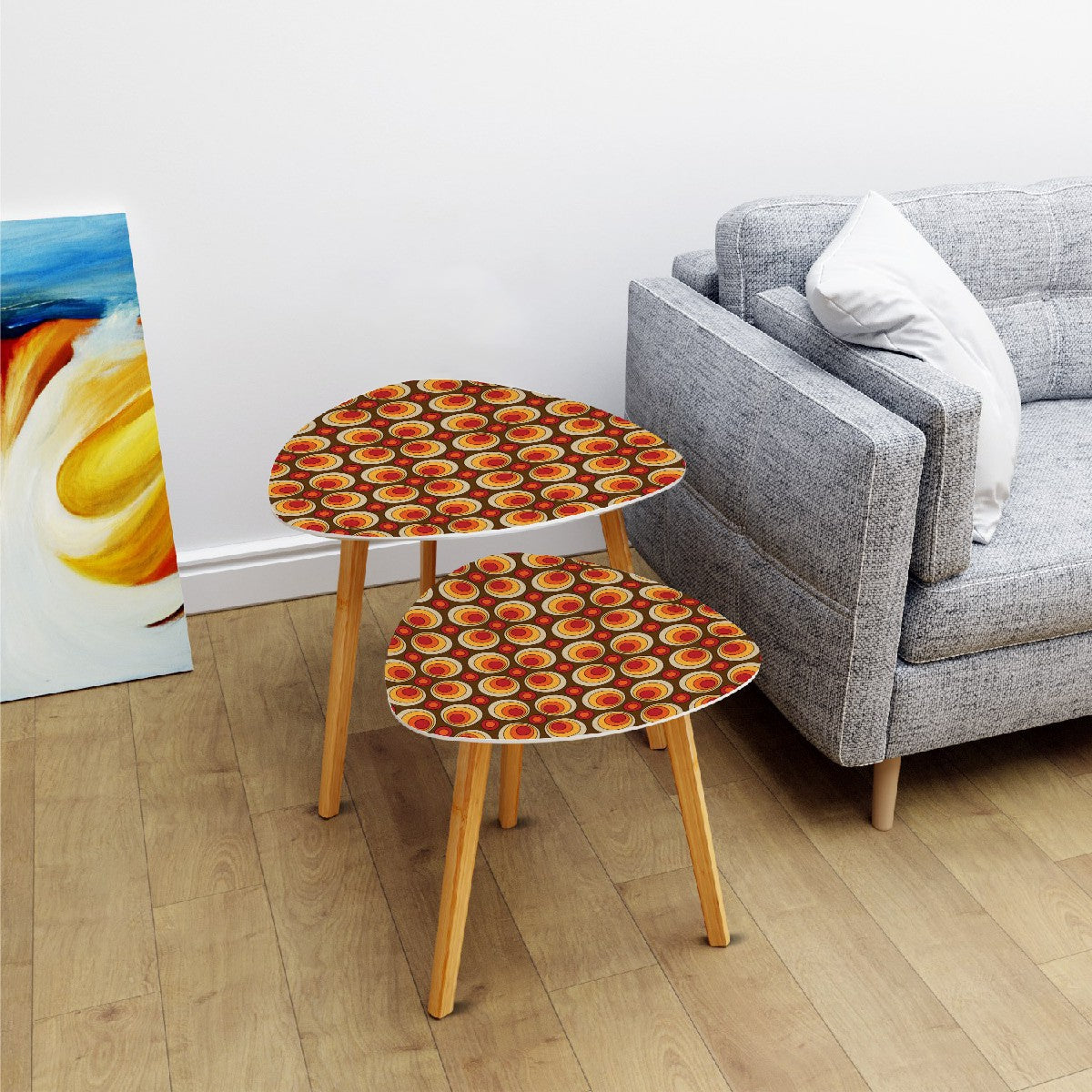 Retro Groovy Space Orbs, Mid Mod Orange Brown Yellow Hip Nesting Tables For MCM Living Room, Bedroom - Mid Century Modern Gal