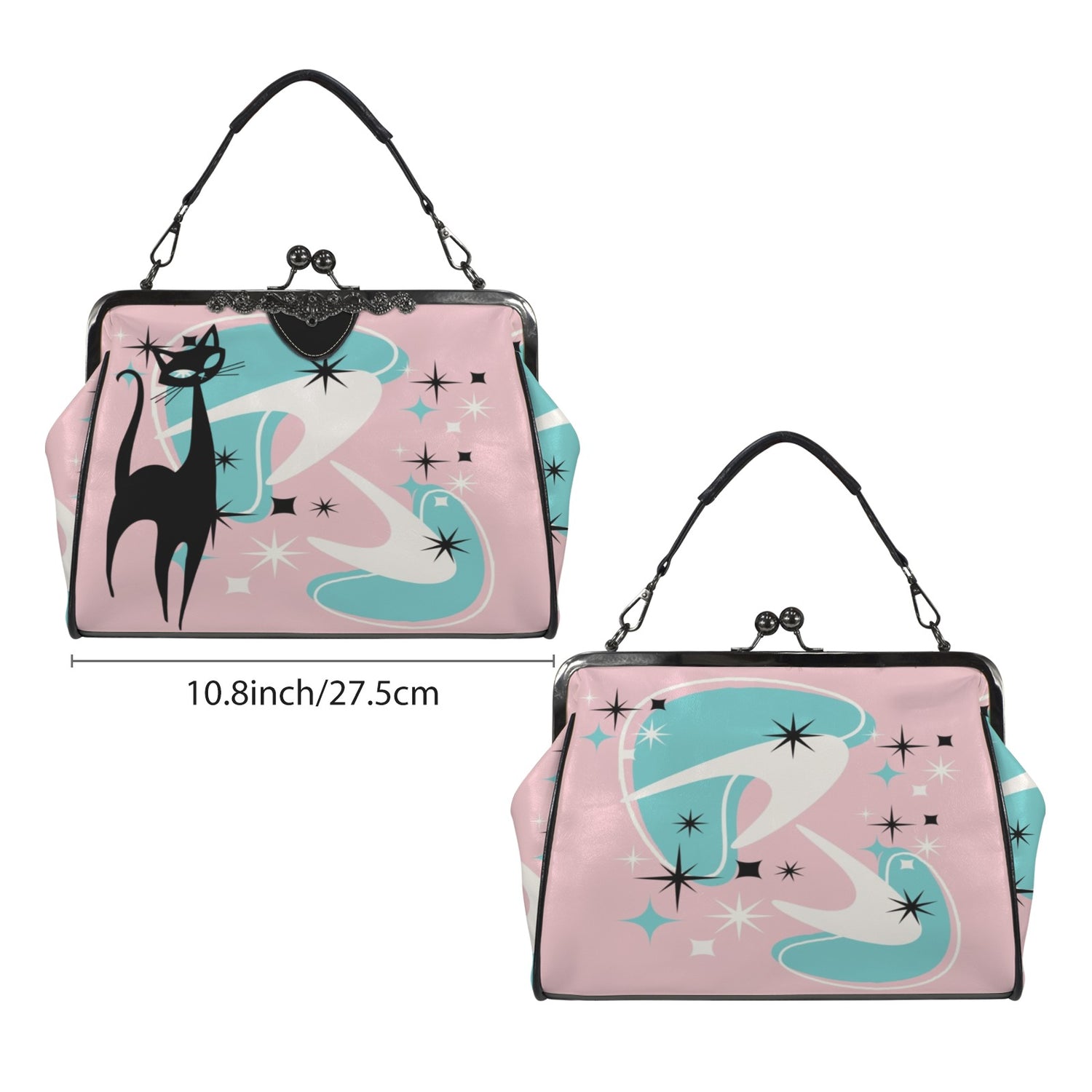 Atomic Pink Aqua Boomerang Kitschy Cat Mod Kisslock Crossbody Purse - Mid Century Modern Gal