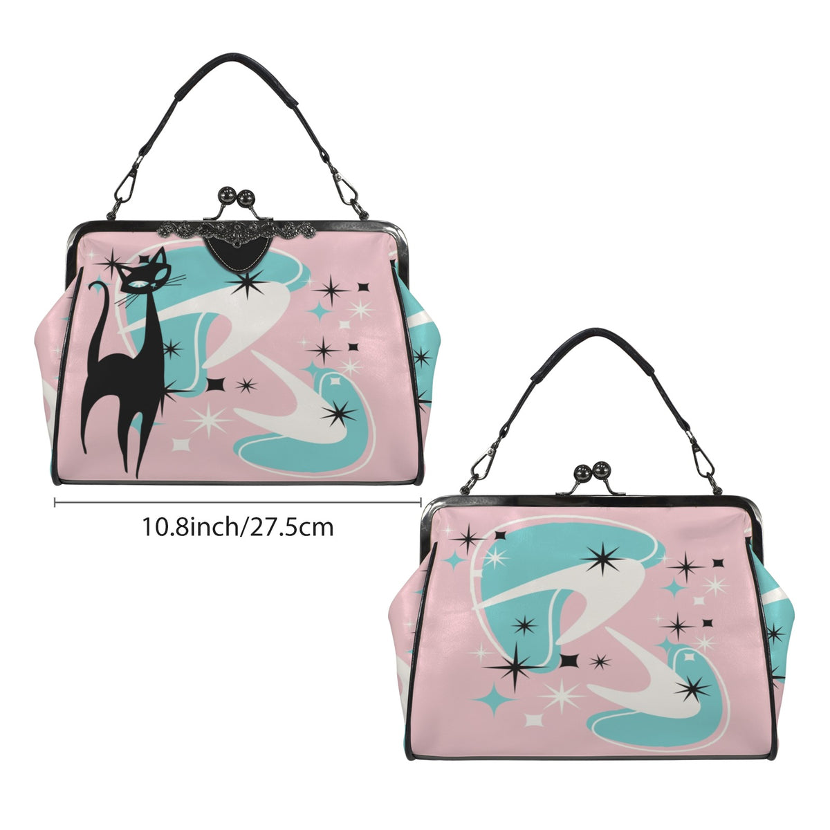 Atomic Pink Aqua Boomerang Kitschy Cat Mod Kisslock Crossbody Purse - Mid Century Modern Gal