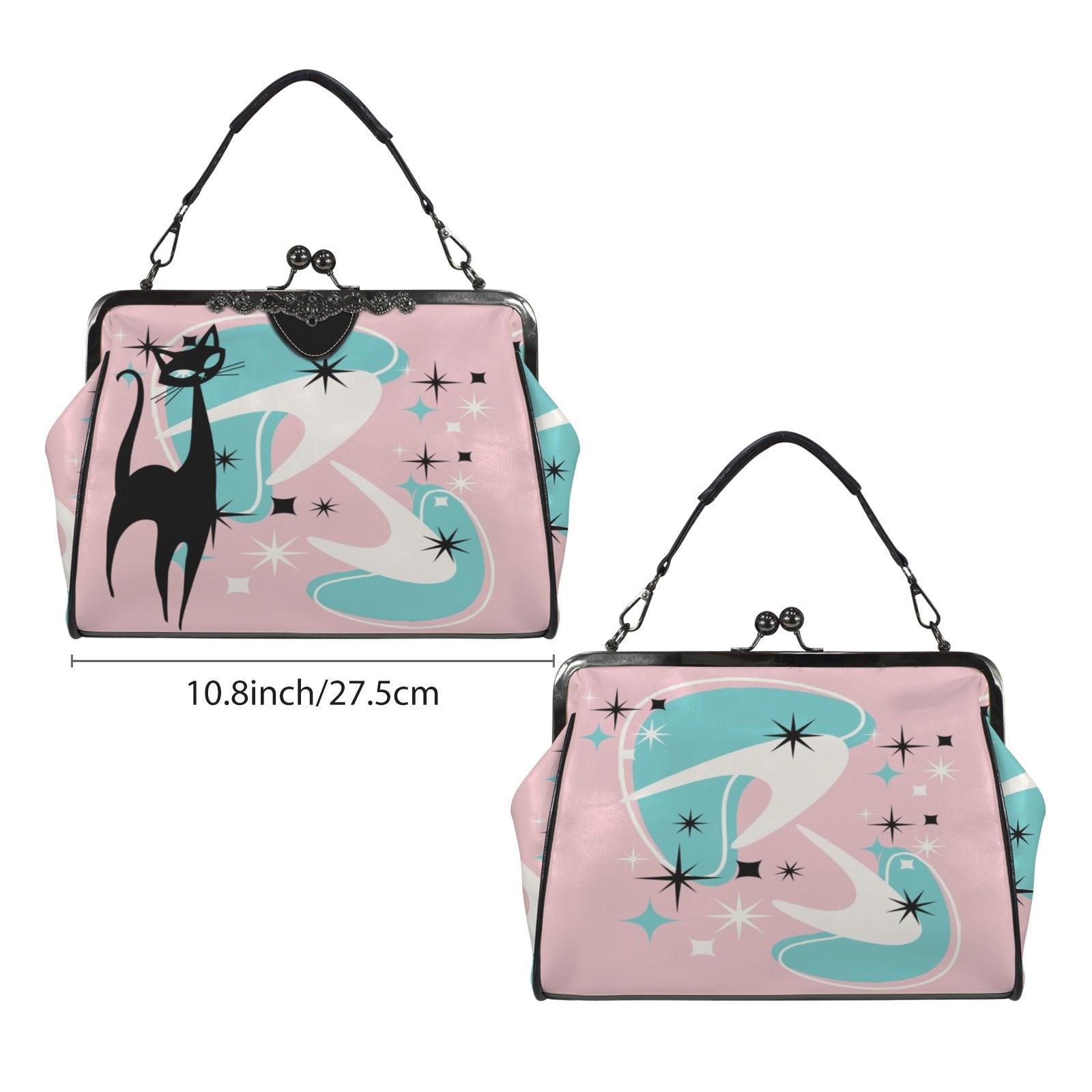 Atomic Pink Aqua Boomerang Kitschy Cat Mod Kisslock Crossbody Purse - Mid Century Modern Gal