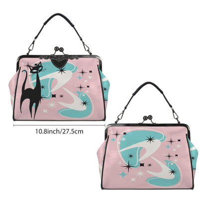 Atomic Pink Aqua Boomerang Kitschy Cat Mod Kisslock Crossbody Purse - Mid Century Modern Gal