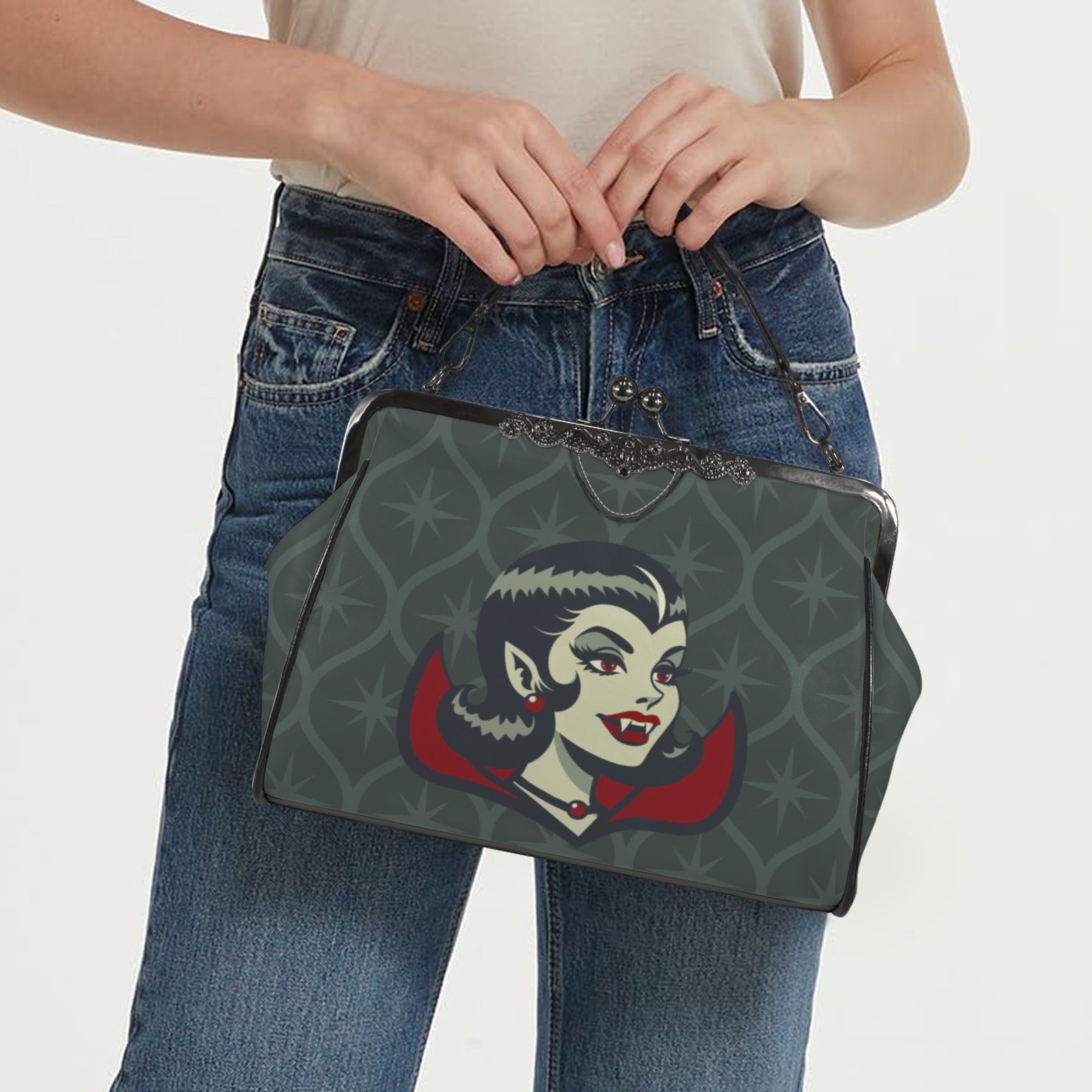 Vampire Dracula Girl Halloween Goth Horror Buff MCM Green Crossbody Purse - Mid Century Modern Gal