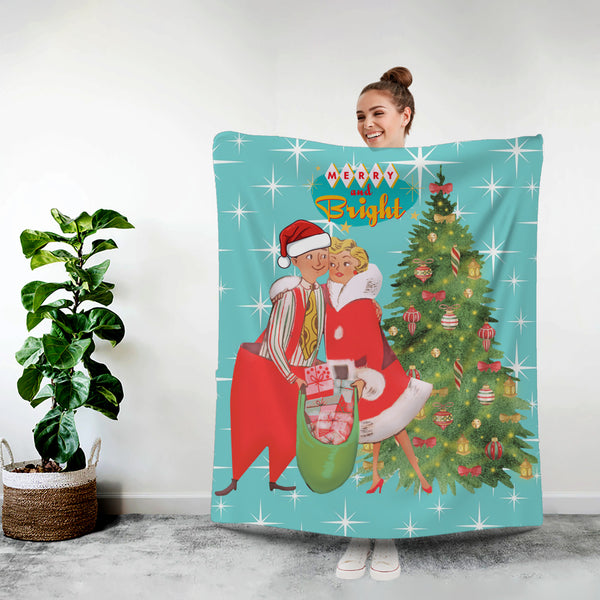 Holiday Vintage 50s Kitsch Retro Aqua Blue Diamond Starburst Mid Century Modern Vintage Christmas Holiday Decor Sherpa Blanket