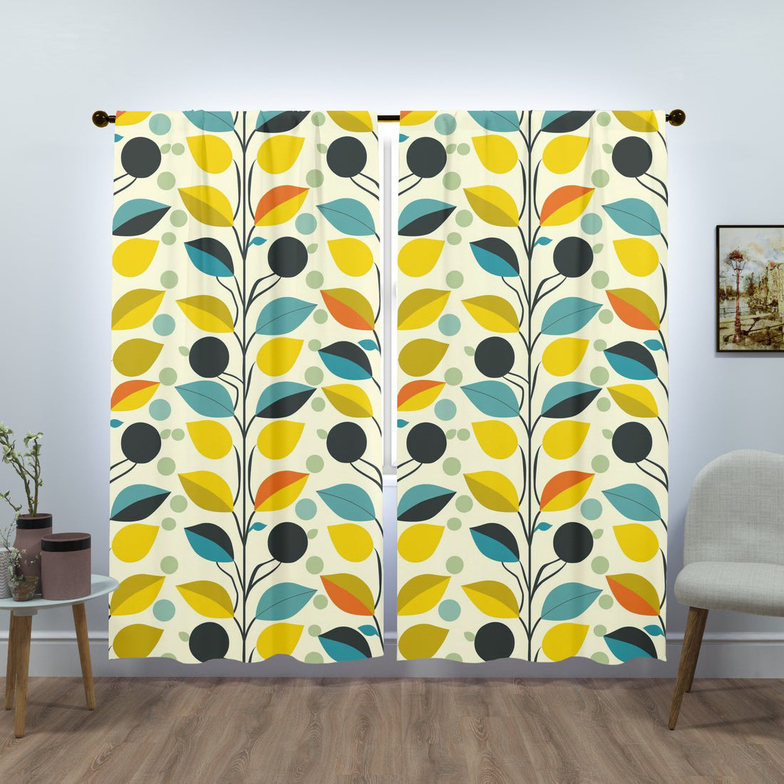 Mid Century Modern Scandinavian Yellow, Aqua, Orange, Mid Mod Retro Window Curtains (two panels) - Mid Century Modern Gal