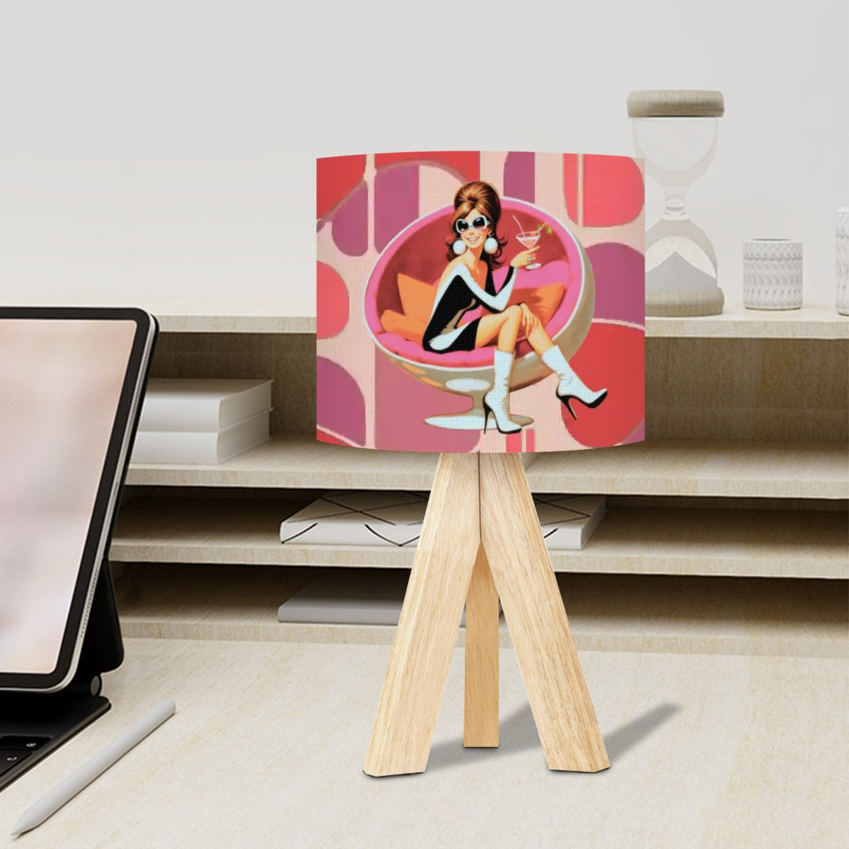 Mid Mod Retro 60s Gal, Hot Pink, Kitschy Mod Table Lamp With Bamboo Legs - Mid Century Modern Gal