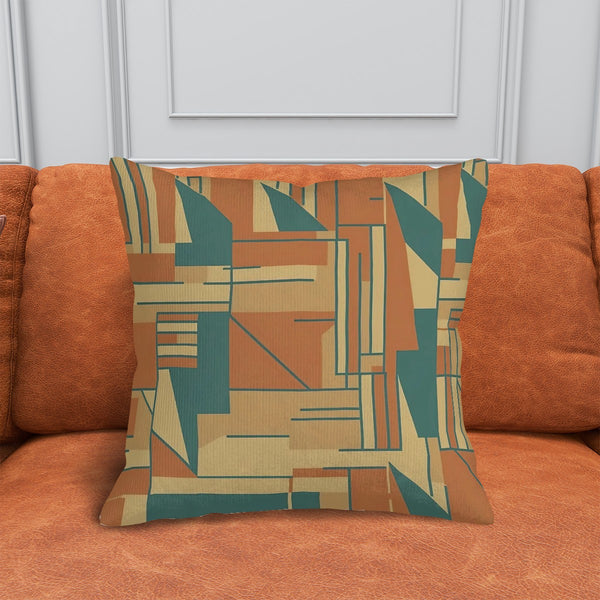 Mid Century Modern Camel Brown, Teal Bauhaus Designed Corduroy Throw Pillow Covers (Double-Sided Design)