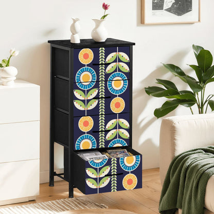 Modern Scandinavian Flower Blue, Orange, Yellow, Green Mid Century Modern 4-Drawer Dresser - Mid Century Modern Gal