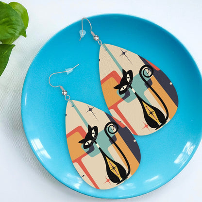 Retro Mod Atomic KIttie Kitschy Cute Vegan Leather Teardrop Earrings - Mid Century Modern Gal