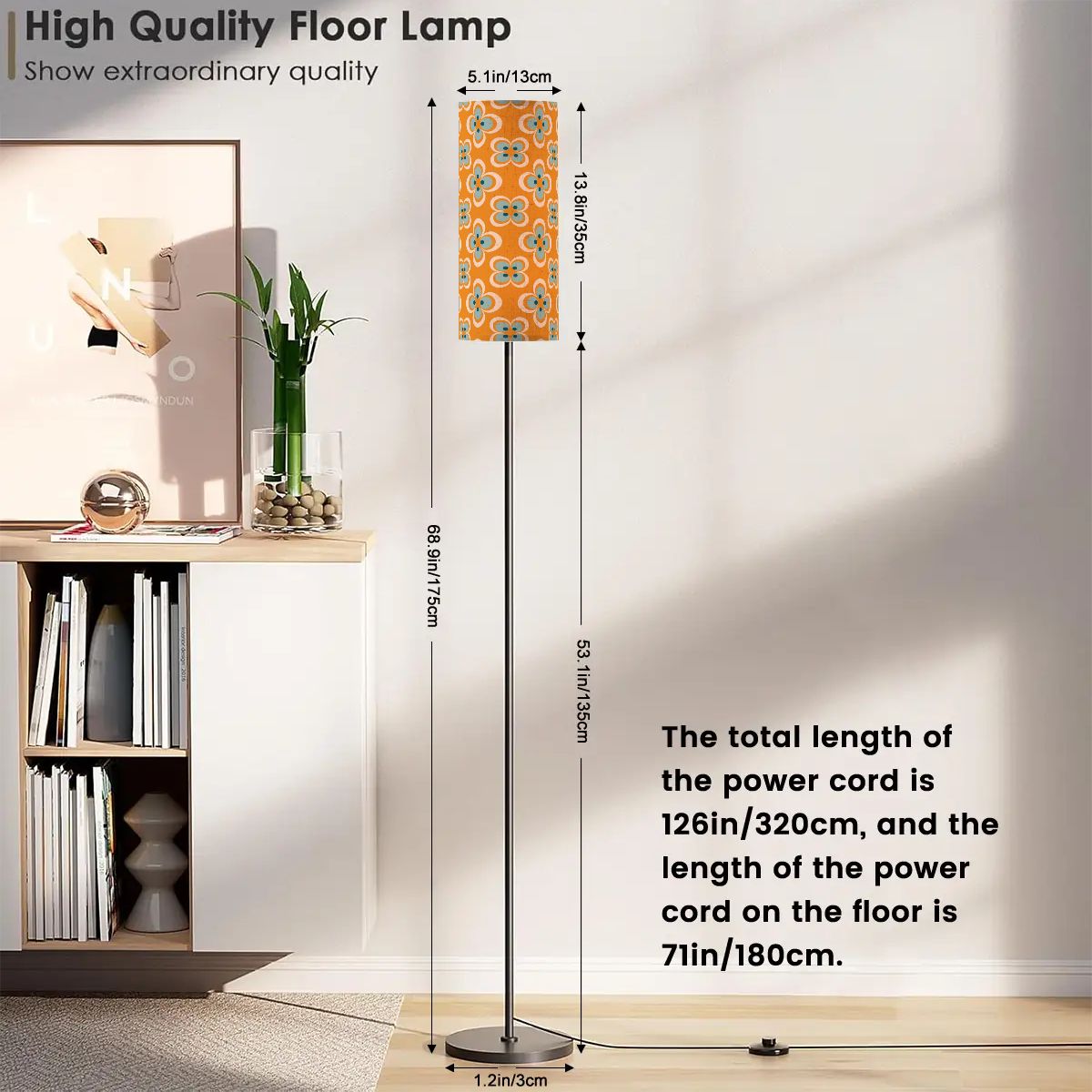 Scandinavian Orange, Blue Flower Mid Mod Floor Lamp - Mid Century Modern Gal
