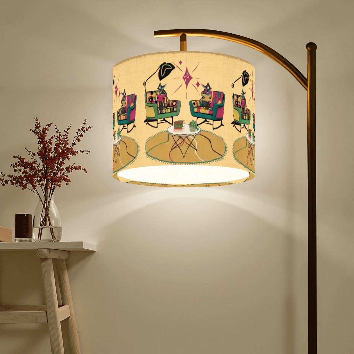 Mid Century Modern Arc Floor Lamp, Reading Lamp For Book Lovers With Atomic Kitschy Cats MCM Designed - Mid Century Modern Gal
