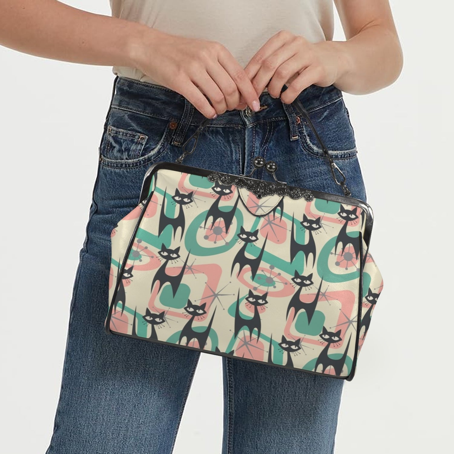 Atomic Cat Mid Century Modern Starburst Retro Kitsch Kisslock Crossbody Purse - Mid Century Modern Gal