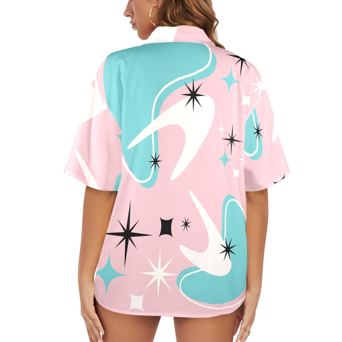 Atomic Pink Boomerang Aqua, White Retro Mid Mod Women's Hawaiin Shirt - Mid Century Modern Gal
