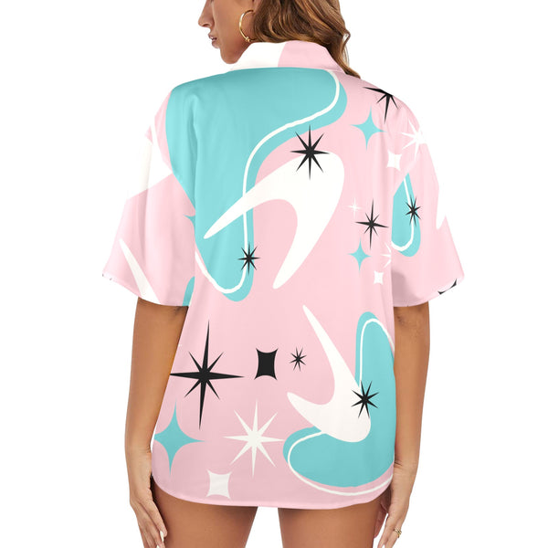 Atomic Pink Boomerang Aqua, White Retro Mid Mod Women's Hawaiian Shirt