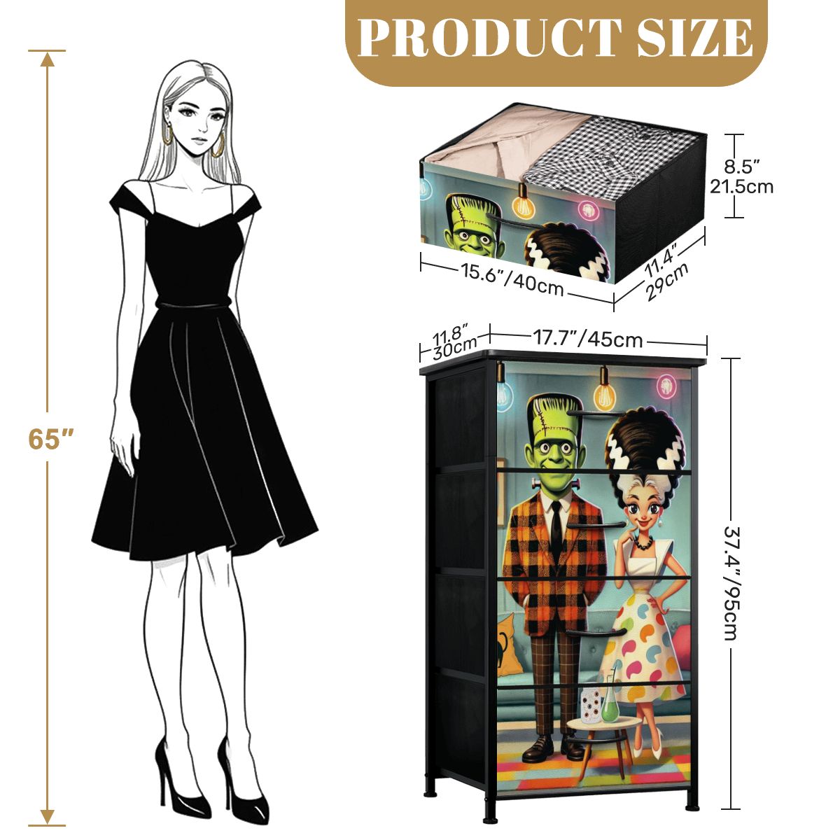 Frankenstein and Bride Of Mid Century Modern Kitschy Retro 4-Drawer Dresser - Mid Century Modern Gal