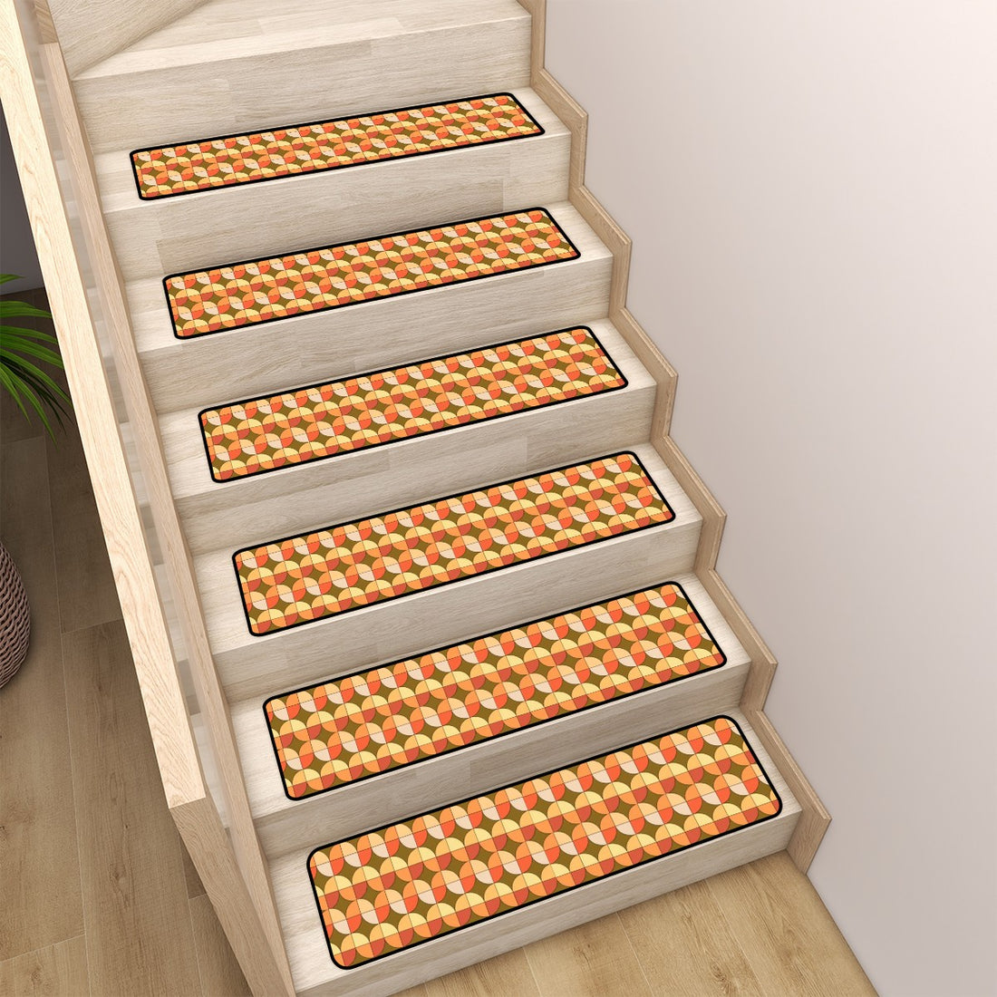 Scandinavian Designed Geometric Orange Brown Golden Yellow Non Slip Carpet for Stairs Treads - Mid Century Modern Gal