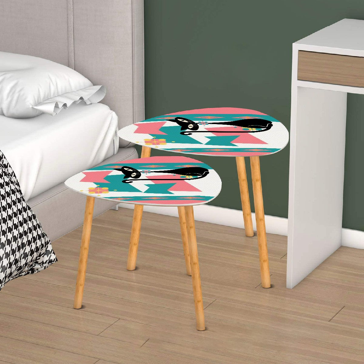 Atomic Cat Mid Century Modern Nesting Tables, Pink, Teal Kitschy Livingroom, Bedroom Tables