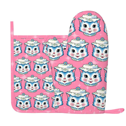 Mid Century Modern Kitschy Anthropomorphic Blue Cat with Floral Hat Silicone Oven Mitts and Pot Holders Sets (Right) - Mid Century Modern Gal