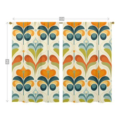 Scandinavian Flower Design, Orange, Green Blue Mid Century Modern Window Curtains (two panels) - Mid Century Modern Gal