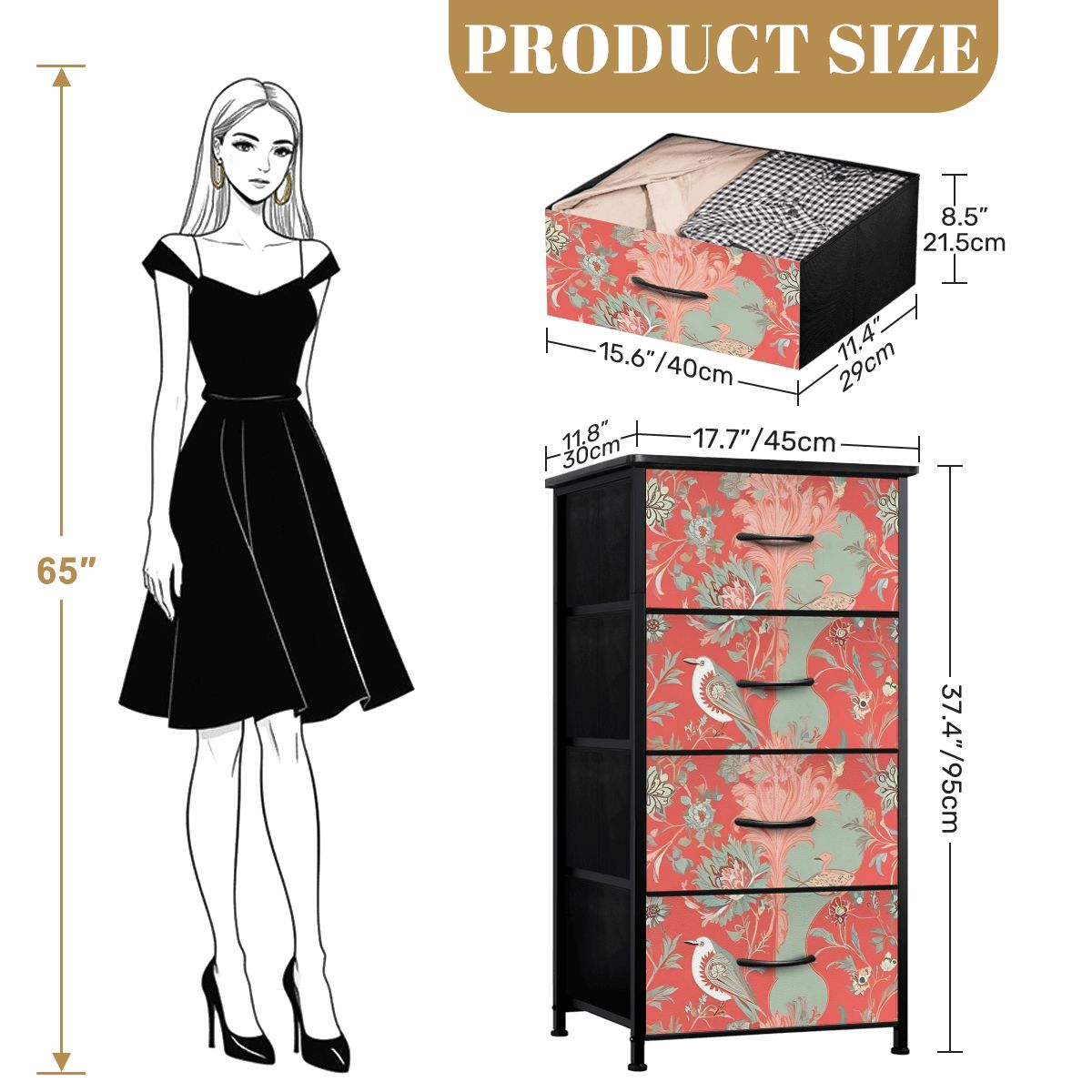 Chinoiserie Botanical Floral Coral, Mint Green Bohemian Floral 4-Drawer Dresser - Mid Century Modern Gal
