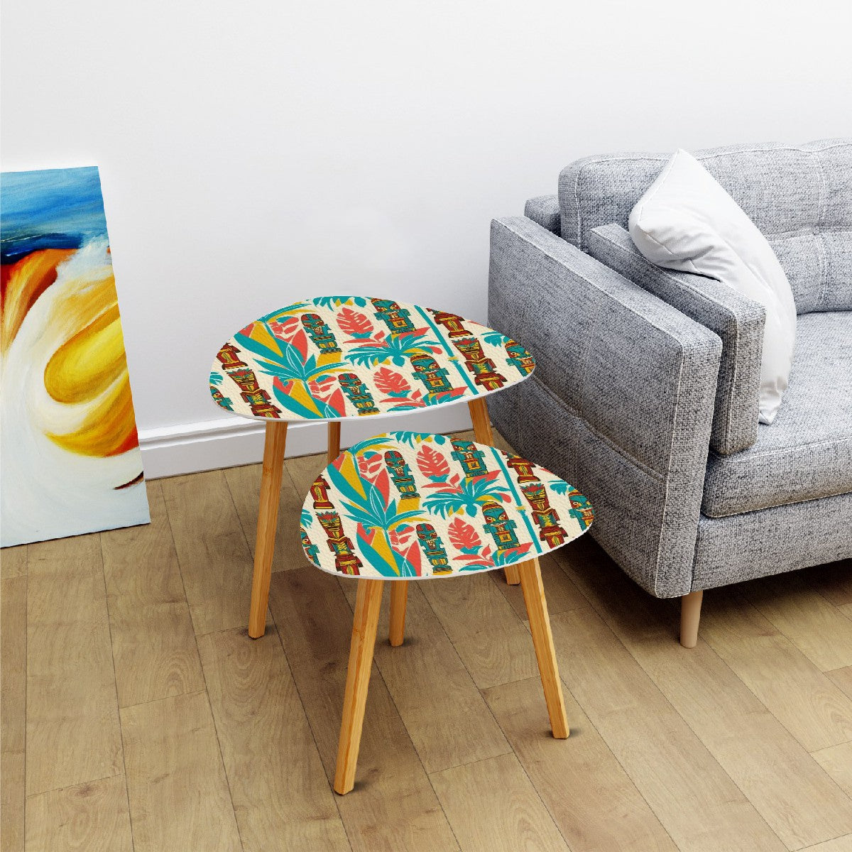 Mid Century Modern Tiki Tables, Coral, Aqua Tiki Idols Nesting Side Tables - Mid Century Modern Gal
