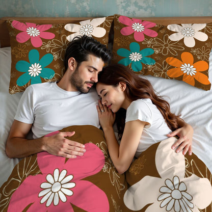 70s Groovy Retro Flower Mod Daisy Brown, Orange Pink Teal Mid Mod Queen Duvet Cover Set - Mid Century Modern Gal