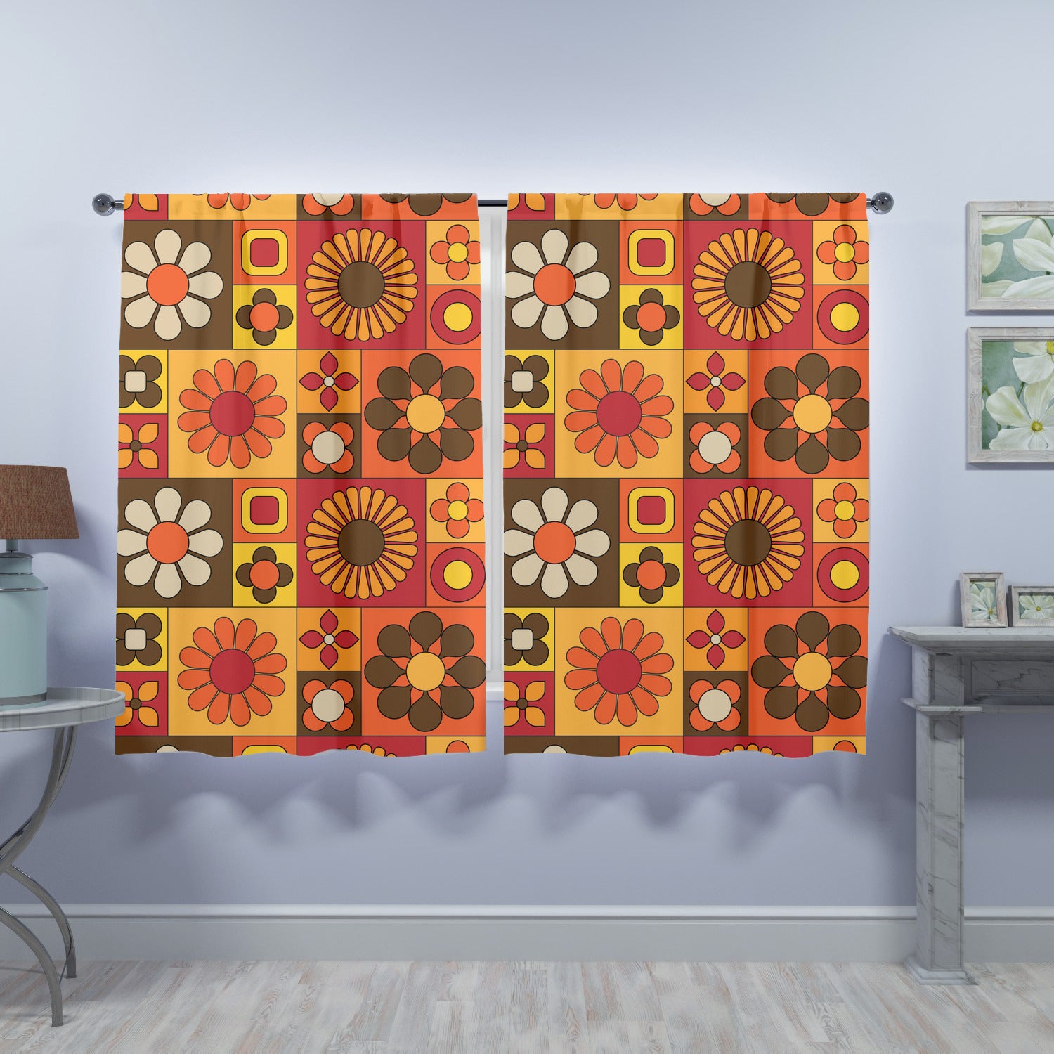 70s Flower Power Retro Orange Brown Yellow Mid Mod Window Curtains (two panels) - Mid Century Modern Gal