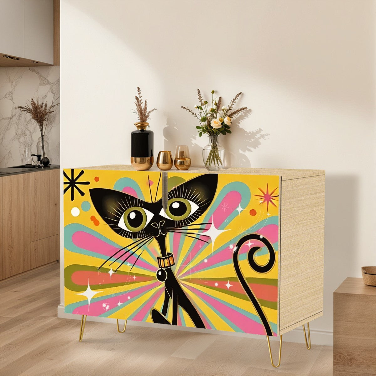 Space Age Atomic Cat, Quirky Funky Mid Mod Credenza Side Board Wooden Storage Cabinet - Mid Century Modern Gal