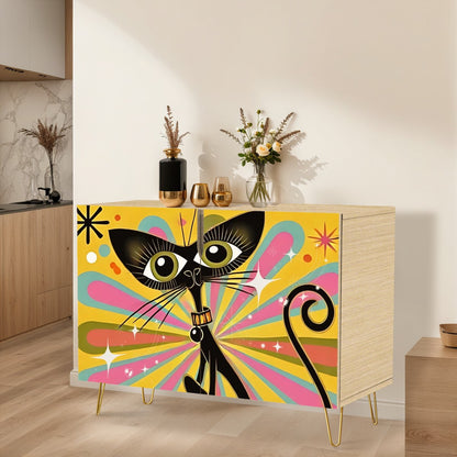 Space Age Atomic Cat, Quirky Funky Mid Mod Credenza Side Board Wooden Storage Cabinet - Mid Century Modern Gal