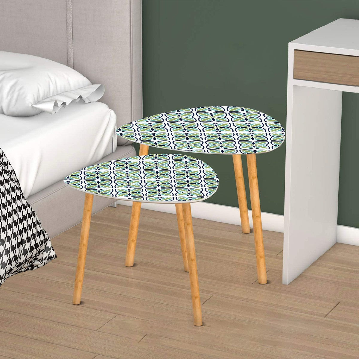 Modern Danish Scandinavian Blue, Green White MCM Nesting Tables - Mid Century Modern Gal