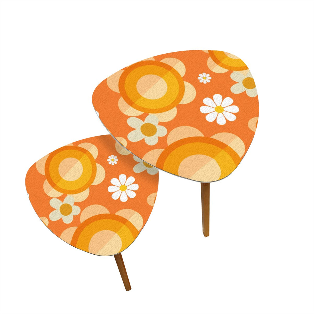 Retro 70s Flower Power Nesting Tables, Orange, Mod Daisy Triangle Coffee Table Set of 2 - Mid Century Modern Gal