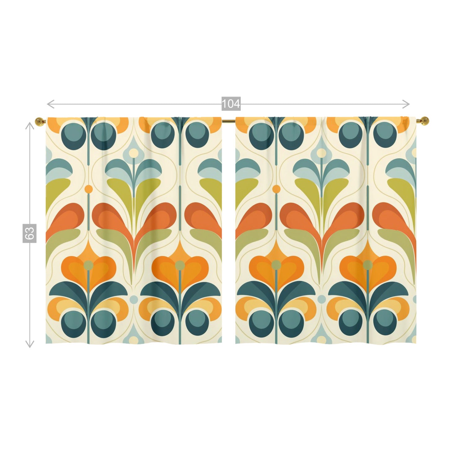 Scandinavian Flower Design, Orange, Green Blue Mid Century Modern Window Curtains (two panels) - Mid Century Modern Gal