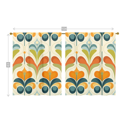 Scandinavian Flower Design, Orange, Green Blue Mid Century Modern Window Curtains (two panels) - Mid Century Modern Gal