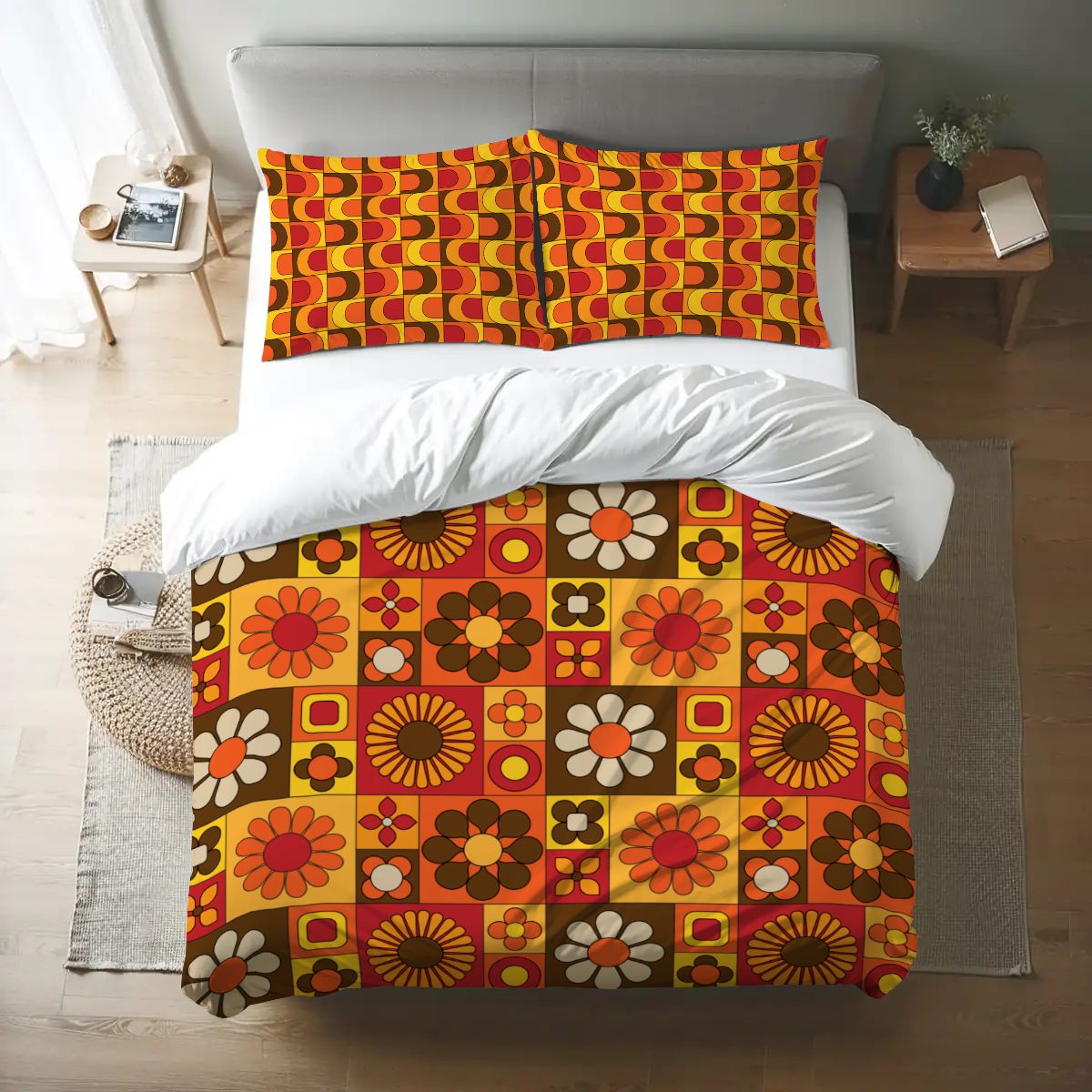 Retro 70s Bedding, Orange Brown Yellow, Hip Mod Daisy Flower Power Queen Duvet Cover Set - Mid Century Modern Gal