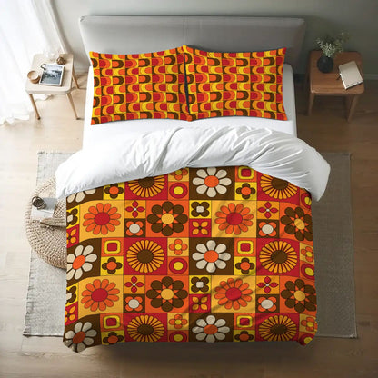 Retro 70s Bedding, Orange Brown Yellow, Hip Mod Daisy Flower Power Queen Duvet Cover Set - Mid Century Modern Gal