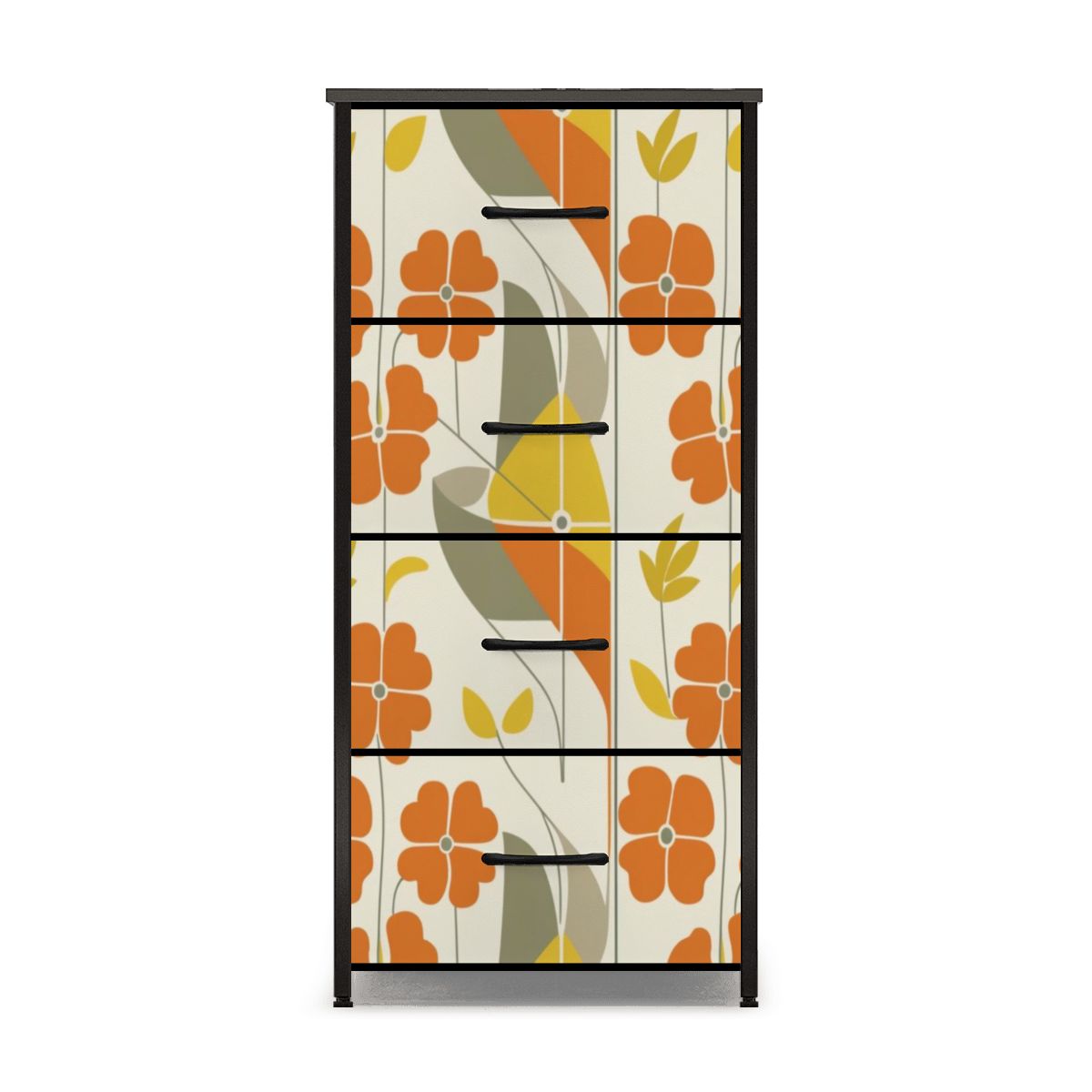 Mid Century Modern Scandinavian Modern Danish Flower, Orange, Yellow, Gray Mod 4-Drawer Dresser - Mid Century Modern Gal