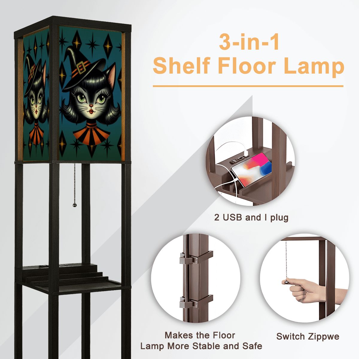 Vintage Halloween Black Cat Sexy Sexton Mid Century Modern Blue Floor Lamp with Shelves - Mid Century Modern Gal