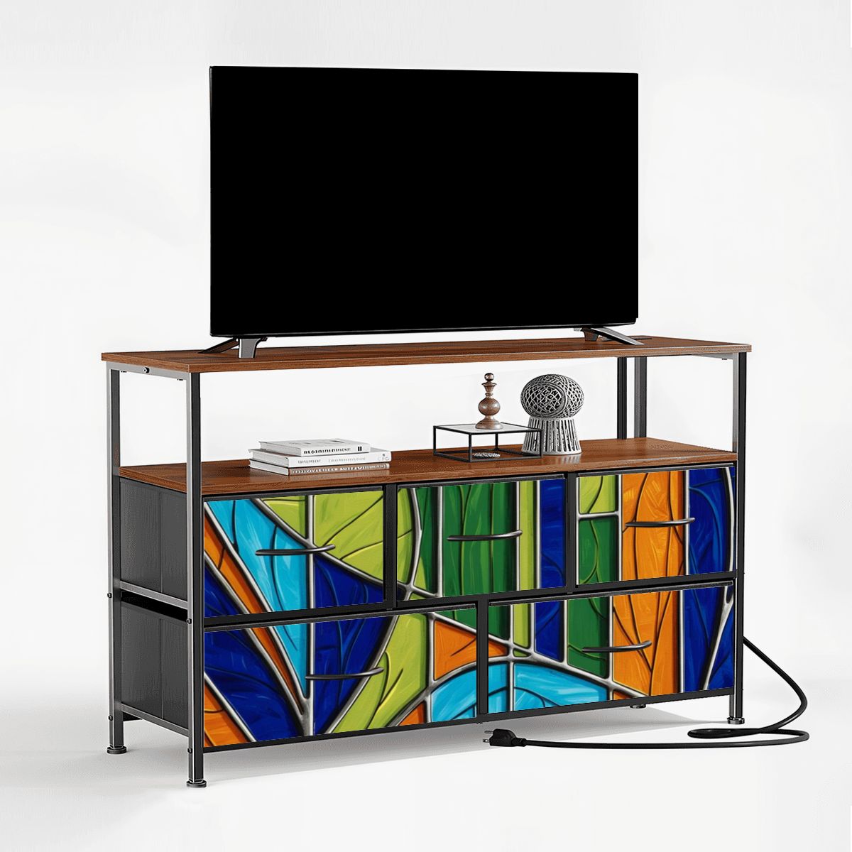 Mid Century Modern Green Blue Orange Purple Faux Stained Glass Designed TV Stand Media Console - Mid Century Modern Gal