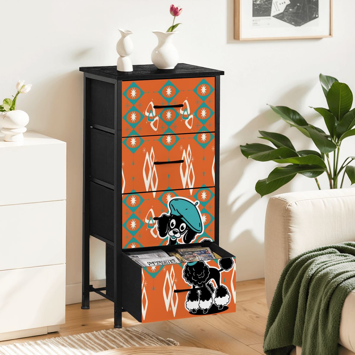 Atomic Orange Starburst Diamonds, Teal Mid Century Modern Kitschy Mod Poodle 4-Drawer Dresser - Mid Century Modern Gal