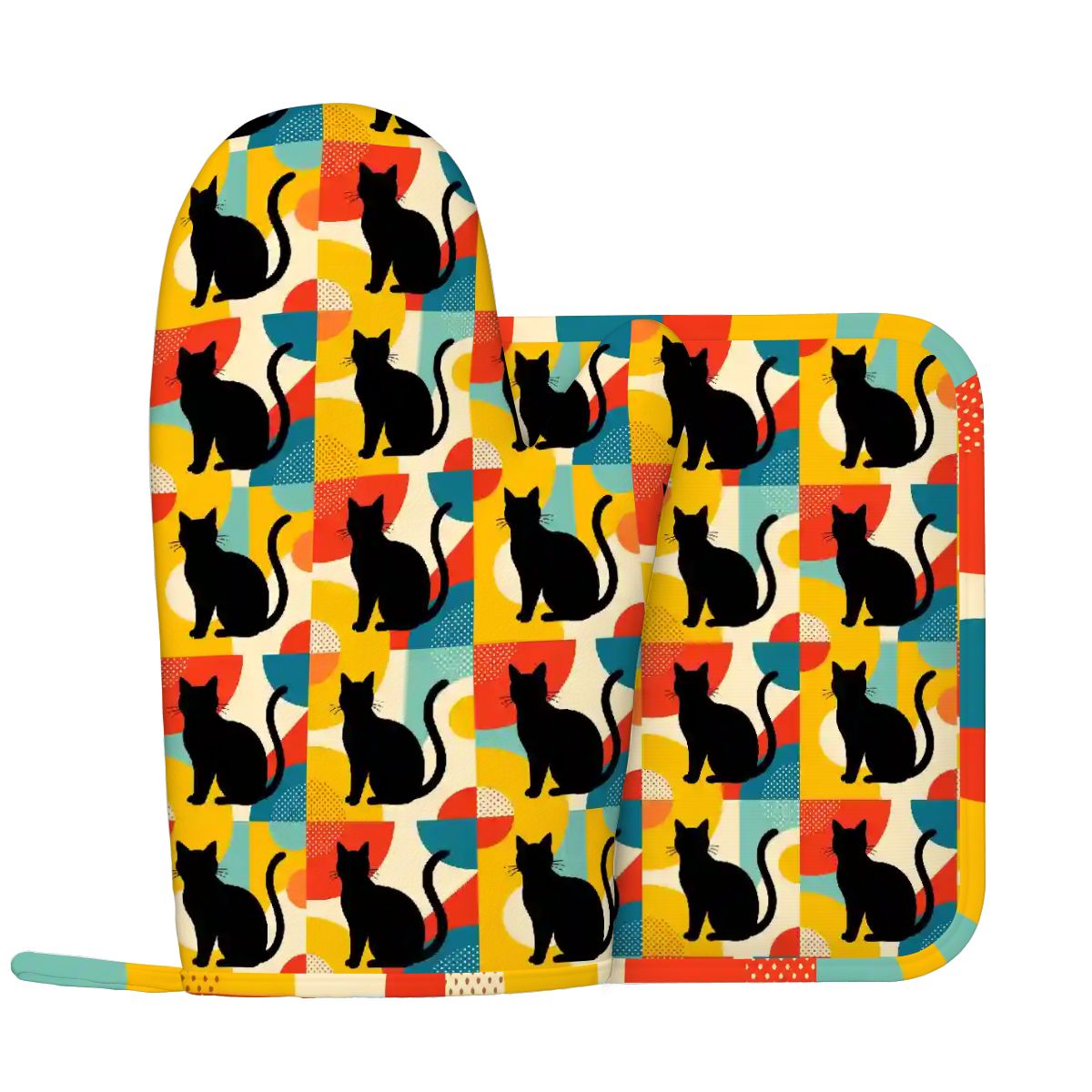 Pop Art Black Atomic Cats, Red Blue Yellow, Silicone Oven Mitts and Pot Holders Set (Left Hand) - Mid Century Modern Gal