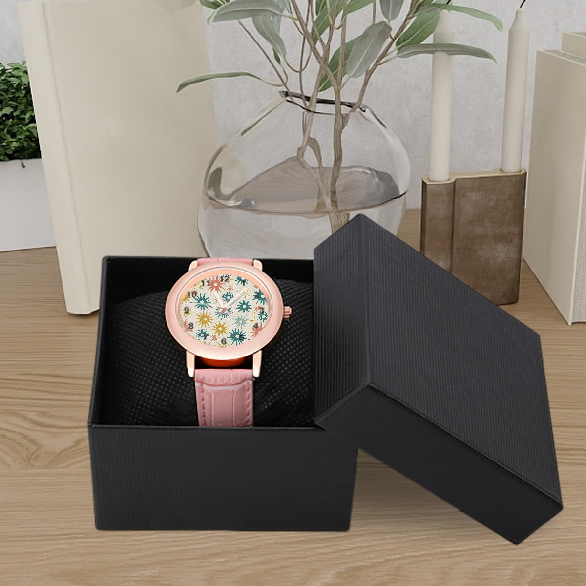 Atomic Starbursts Mid Mod Pink Women's Leather Watch - Mid Century Modern Gal