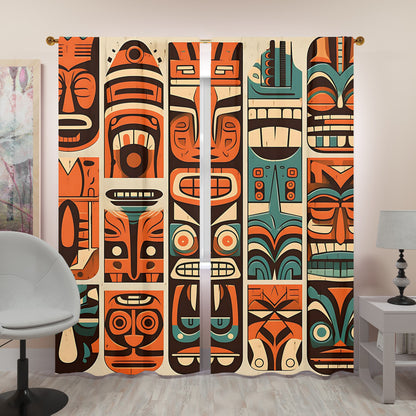 Tiki Idol Mid Mod Retro Orange, Teal Beige Window Curtains (two panels)