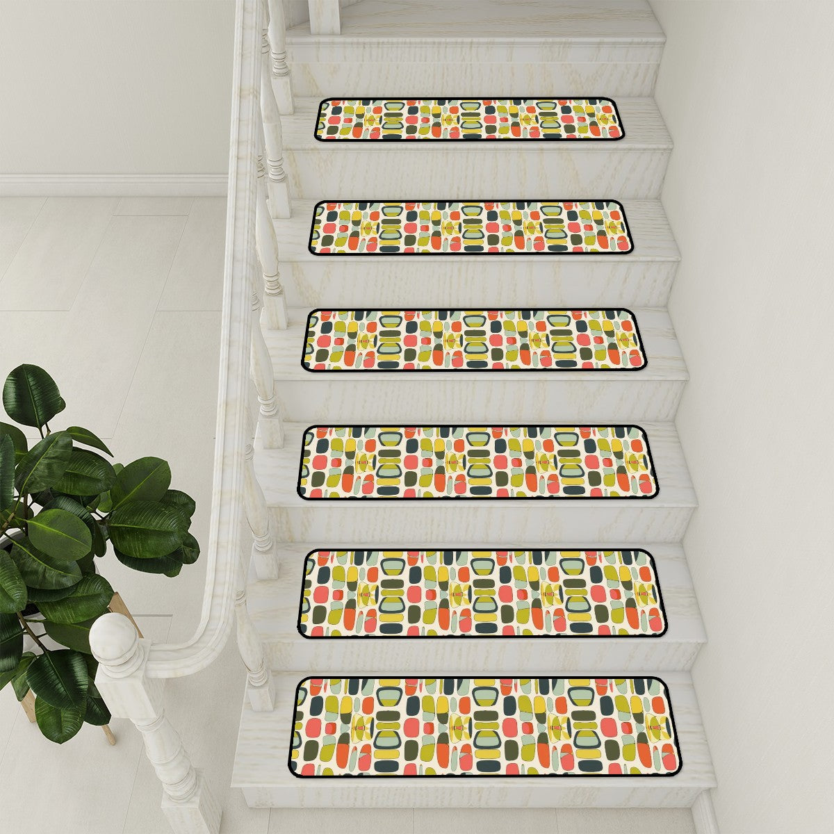 Mid Century Modern Multi Colored Retro Mod Geometric Designed Non Slip Carpet for Stairs Treads