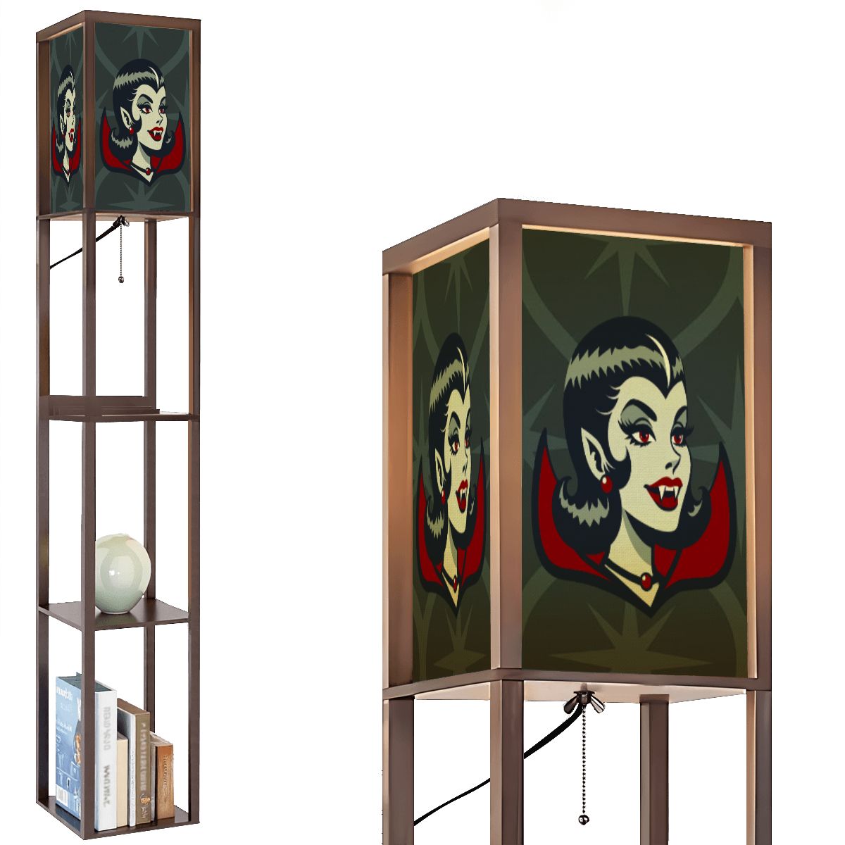 Vampire Dracula Girl Halloween Goth Horror Buff MCM Green Lampshade for Floor Lamp with Shelves - Lampshade Only - Mid Century Modern Gal