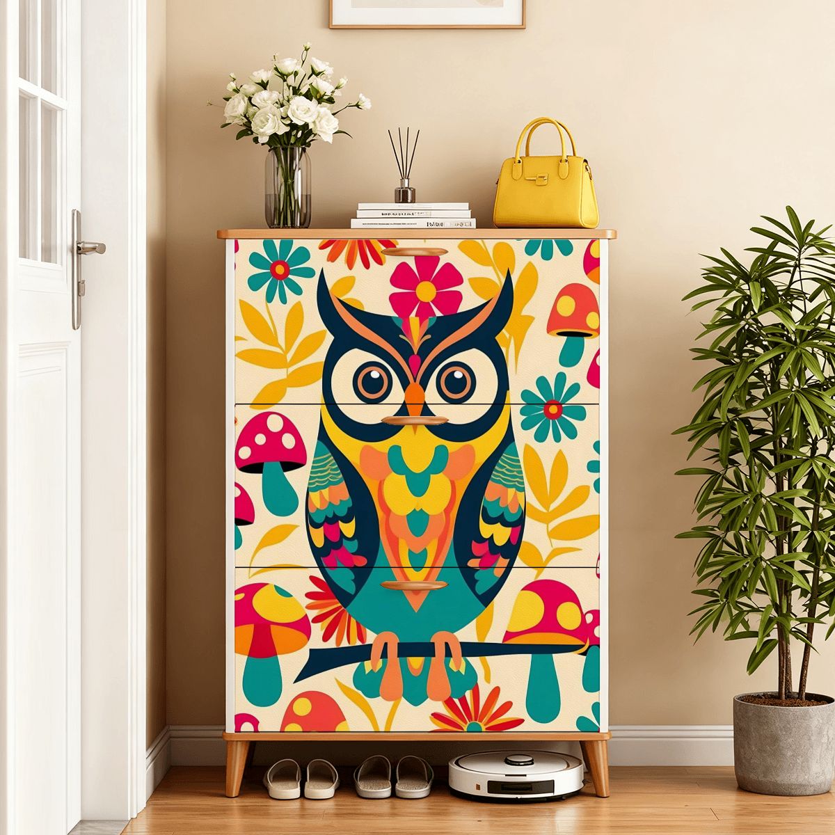 Retro 1970s Owl Mushroom Floral Mid Mod Shoe Storage Cabinet - Mid Century Modern Gal
