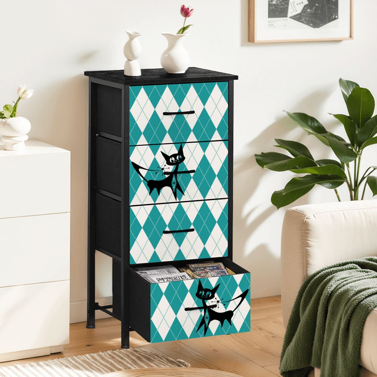 Retro Mid Century Modern Atomic Kitschy Cats, Argyle Pattern Mod 4-Drawer Dresser - Mid Century Modern Gal