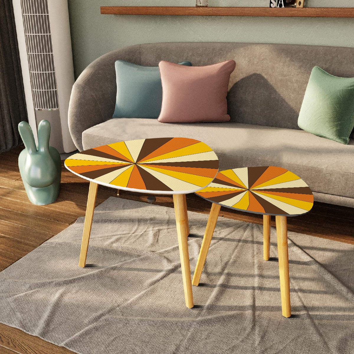 Groovy Retro 70s Vibe Orange, Yellow Brown Mid Mod Nesting Tables - Mid Century Modern Gal