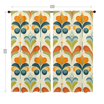 Scandinavian Flower Design, Orange, Green Blue Mid Century Modern Window Curtains (two panels) - Mid Century Modern Gal