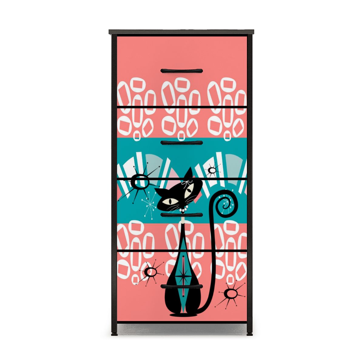 Mid Century Modern Coral, Teal Kitschy Mod Cat Design 4-Drawer Dresser - Mid Century Modern Gal