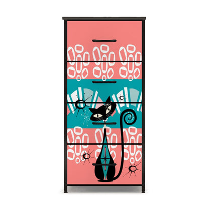 Mid Century Modern Coral, Teal Kitschy Mod Cat Design 4-Drawer Dresser - Mid Century Modern Gal